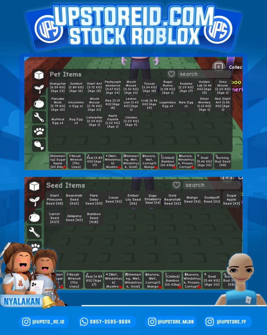 RBX004 - PETS: ORANGUTAN 6.59KG, CRAB 6.96KG, BLUEBIRD 9.34KG + RARE SEEDS BUNDLE | ROBLOX GROW A GARDEN - Product Image