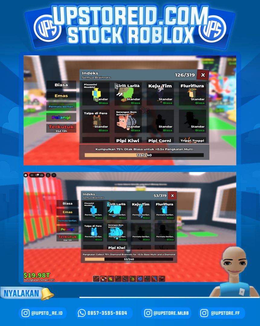 RBX001 - $19.98T + 126/240 COMMON BRAINROTS + 53 DIAMOND BRAINROTS + STEALS: 667, REBIRTHS: 12 | ROBLOX STEAL A BRAINROT - Product Image